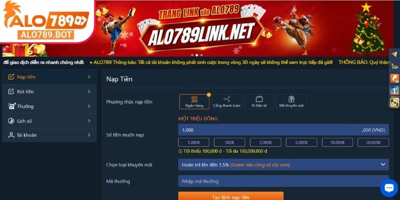 Hướng dẫn các bước nạp tiền tại nền tảng Alo789